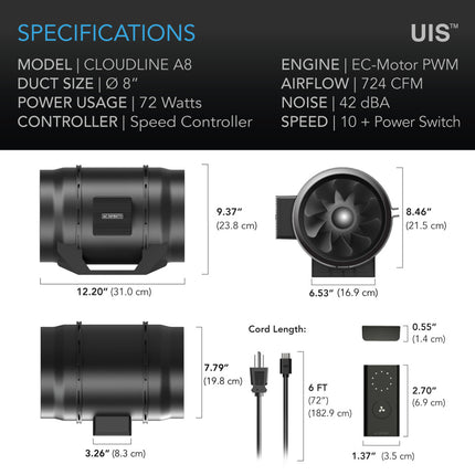 AC Infinity CLOUDLINE LITE A8 - QUIET INLINE FAN WITH SPEED CONTROLLER - 8"