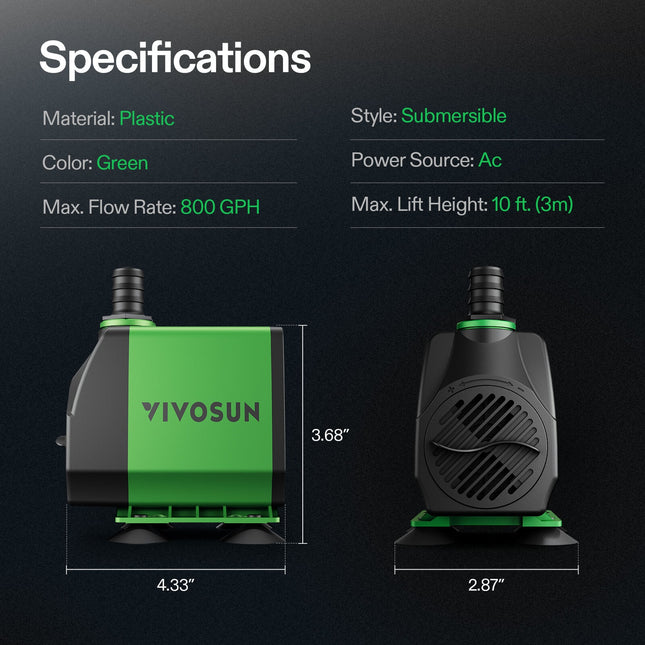 Vivosun 800 GPH pump flow and lift specs