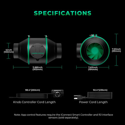 Mars Hydro iFresh 4-inch inline fan dimensions and cord lengths