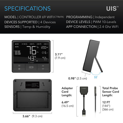 AC Infinity CONTROLLER 69, Independent Programs for Four Devices, Dynamic Temperature, Humidity, Scheduling, Cycles, Levels Control, Data App, Bluetooth
