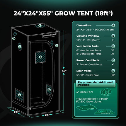 Mars Hydro 24 x 24 x 55 in grow tent dimensions with suggested fan and light