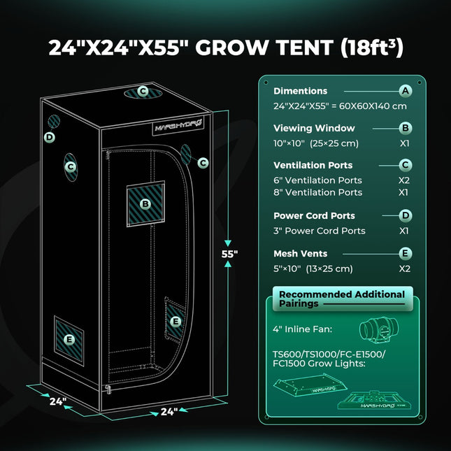 Mars Hydro 24 x 24 x 55 in grow tent dimensions with suggested fan and light