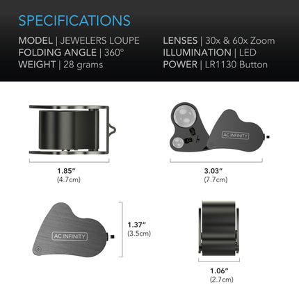 AC Infinity JEWELERS LOUPE -POCKET MAGNIFYING GLASS WITH LED LIGHT & DUAL LENSES