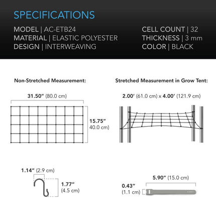 GROW TENT TRELLIS NETTING - FLEXIBLE ELASTIC CORDS - 2X4’