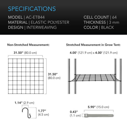 GROW TENT TRELLIS NETTING - FLEXIBLE ELASTIC CORDS - 4X4’
