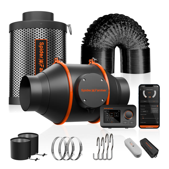 Spider Farmer 4-inch inline fan kit with GGS controller and carbon filter
