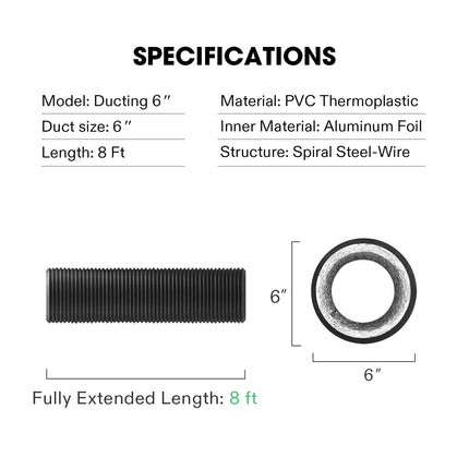 Vivosun black aluminum flex ducting, 6 in x 8 ft