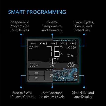 AC Infinity CONTROLLER 69, Independent Programs for Four Devices, Dynamic Temperature, Humidity, Scheduling, Cycles, Levels Control, Data App, Bluetooth