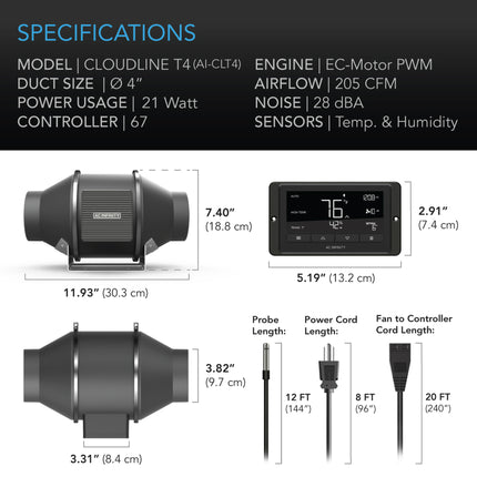 AC Infinity CLOUDLINE PRO T4, Quiet Inline Duct Fan System with Temperature Humidity VPD Controller, 4-Inch
