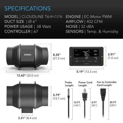 AC Infinity CLOUDLINE T6 - QUIET INLINE DUCT FAN SYSTEM WITH TEMPERATURE AND HUMIDITY CONTROLLER - 6"