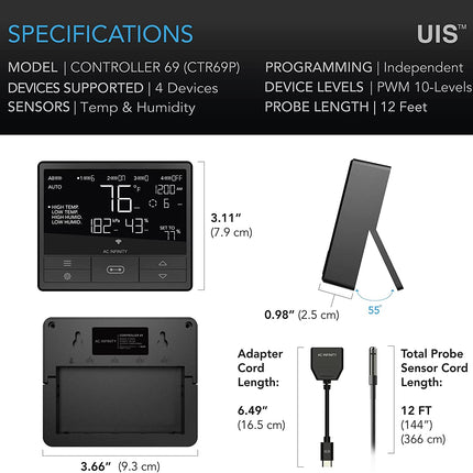 AC Infinity CONTROLLER 69 PRO, Independent Programs for Four Devices, Dynamic VPD, Temperature, Humidity, Scheduling, Cycles, Levels Control, Data App, Bluetooth + WiFi
