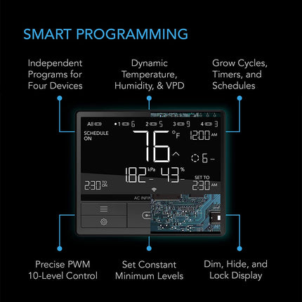 AC Infinity CONTROLLER 69 PRO, Independent Programs for Four Devices, Dynamic VPD, Temperature, Humidity, Scheduling, Cycles, Levels Control, Data App, Bluetooth + WiFi