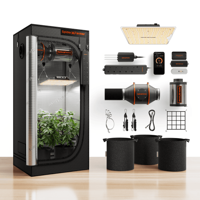 Spider Farmer SF1000D grow tent kit with GGS AC5 power strip