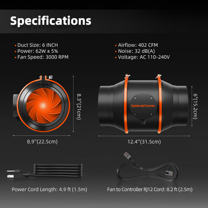 Spider Farmer 6-inch inline fan dimensions