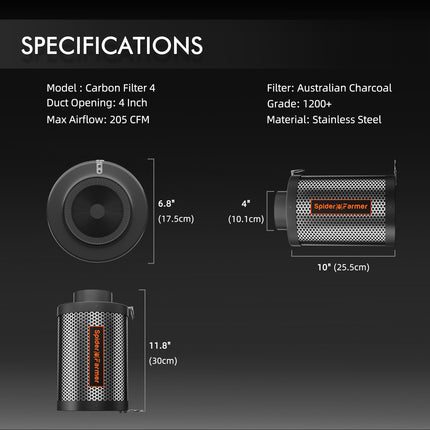 Spider Farmer 4-inch carbon filter specifications