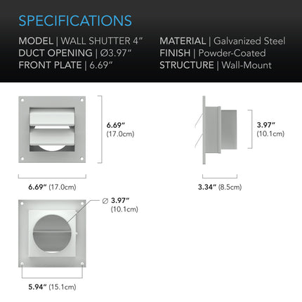 AC Infinity Wall Mount Duct Shutter 4" white steel, image 4