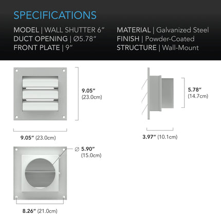 AC Infinity Wall Mount Duct Shutter 6" white steel, image 4