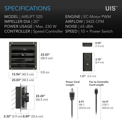 AC Infinity AIRLIFT S20 dimensions
