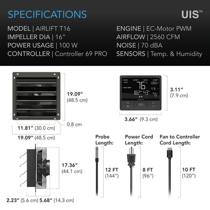 AC Infinity AIRLIFT T16 dimensions