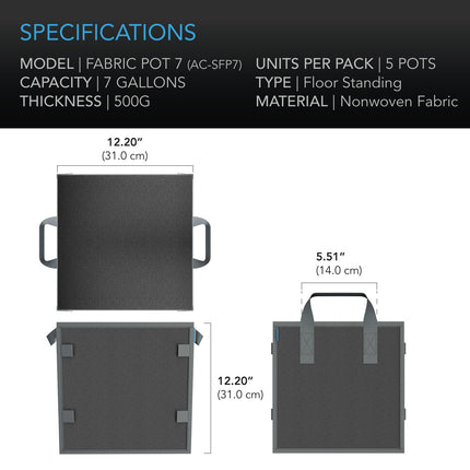 AC Infinity square fabric pots 7 gallon, view 6