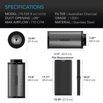 AC Infinity Duct Carbon Filter, Australian Charcoal, 8-Inch