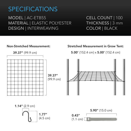 GROW TENT TRELLIS NETTING - FLEXIBLE ELASTIC CORDS - 5X5’