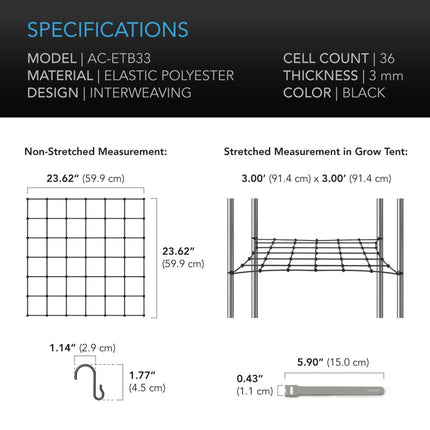 GROW TENT TRELLIS NETTING - FLEXIBLE ELASTIC CORDS - 3X3'