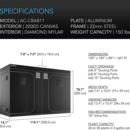 AC Infinity CLOUDLAB 811 Advance Grow Tent 10x10 (120" x 120" x 80")
