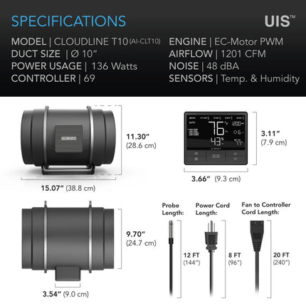 AC Infinity CLOUDLINE T10 - QUIET INLINE DUCT FAN SYSTEM WITH TEMPERATURE AND HUMIDITY CONTROLLER - 10"