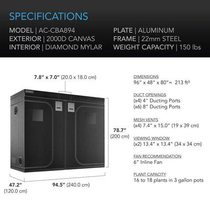 AC Infinity CLOUDLAB 894 Advance Grow Tent 8x4 (96" x 48" x 80")