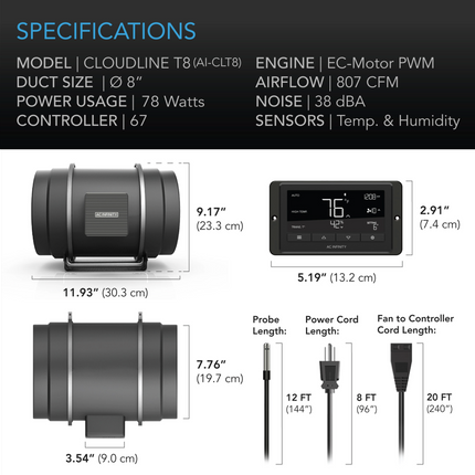 AC Infinity CLOUDLINE T8 - QUIET INLINE DUCT FAN SYSTEM WITH TEMPERATURE AND HUMIDITY CONTROLLER - 8"