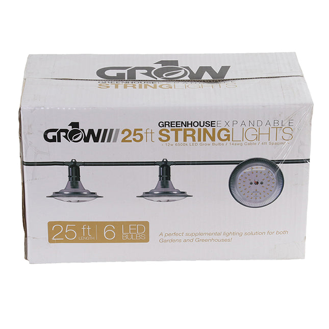 25' Greenhouse Expandable String Lights 14AWG w/ 12W LED 6500K Grow LED Bulbs (6 bulbs)