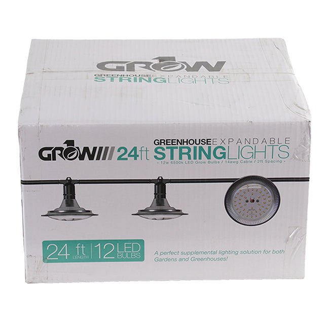 24' Greenhouse Expandable String Lights 14AWG w/ 12W LED 6500K Grow LED Bulbs (12 bulbs)