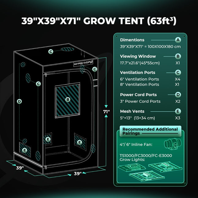 Mars Hydro 100 x 100 x 180 cm Grow Tent Pro dimensions