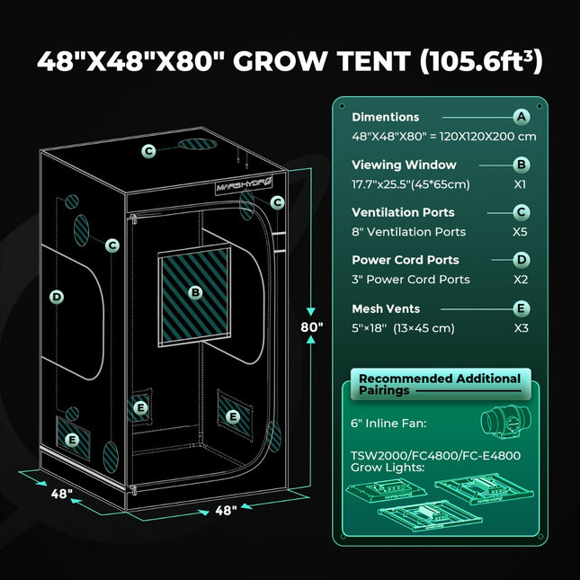 Mars Hydro 120 x 120 x 200 cm Grow Tent Pro dimensions