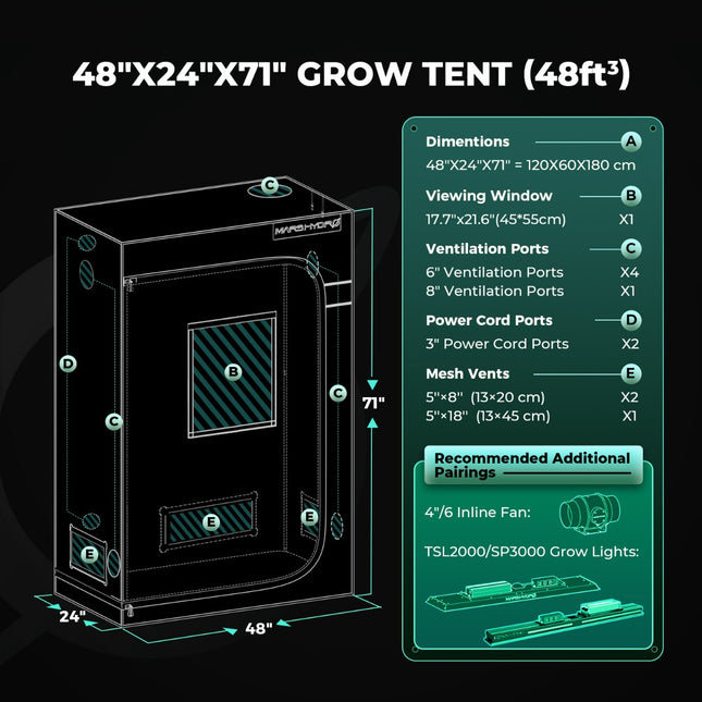 Mars Hydro 120 x 60 x 180 cm Grow Tent Pro dimensions