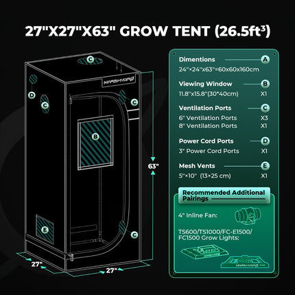 Mars Hydro 60 x 60 x 160 cm Grow Tent Pro dimensions