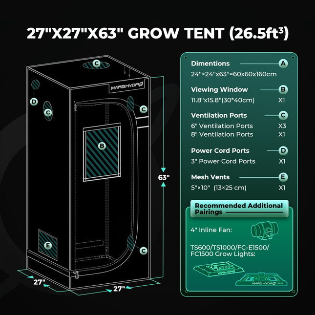 Mars Hydro 60 x 60 x 160 cm Grow Tent Pro dimensions