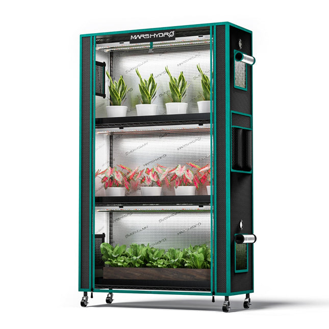 Mars Hydro 4-tier plant stand with 150W grow lights and tent