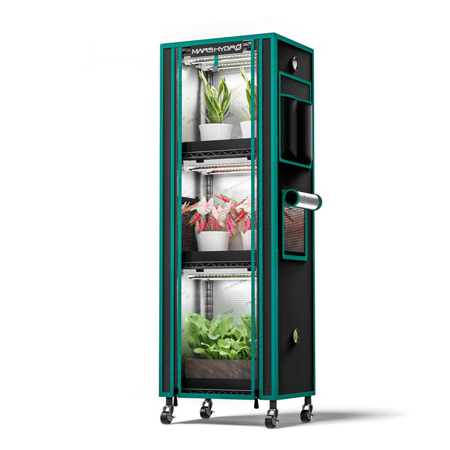 Mars Hydro 4-tier plant stand with 54W grow lights and tent