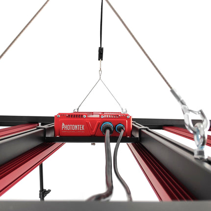 Photontek X 600W Pro LED grow light hanging, with driver mounted on the frame